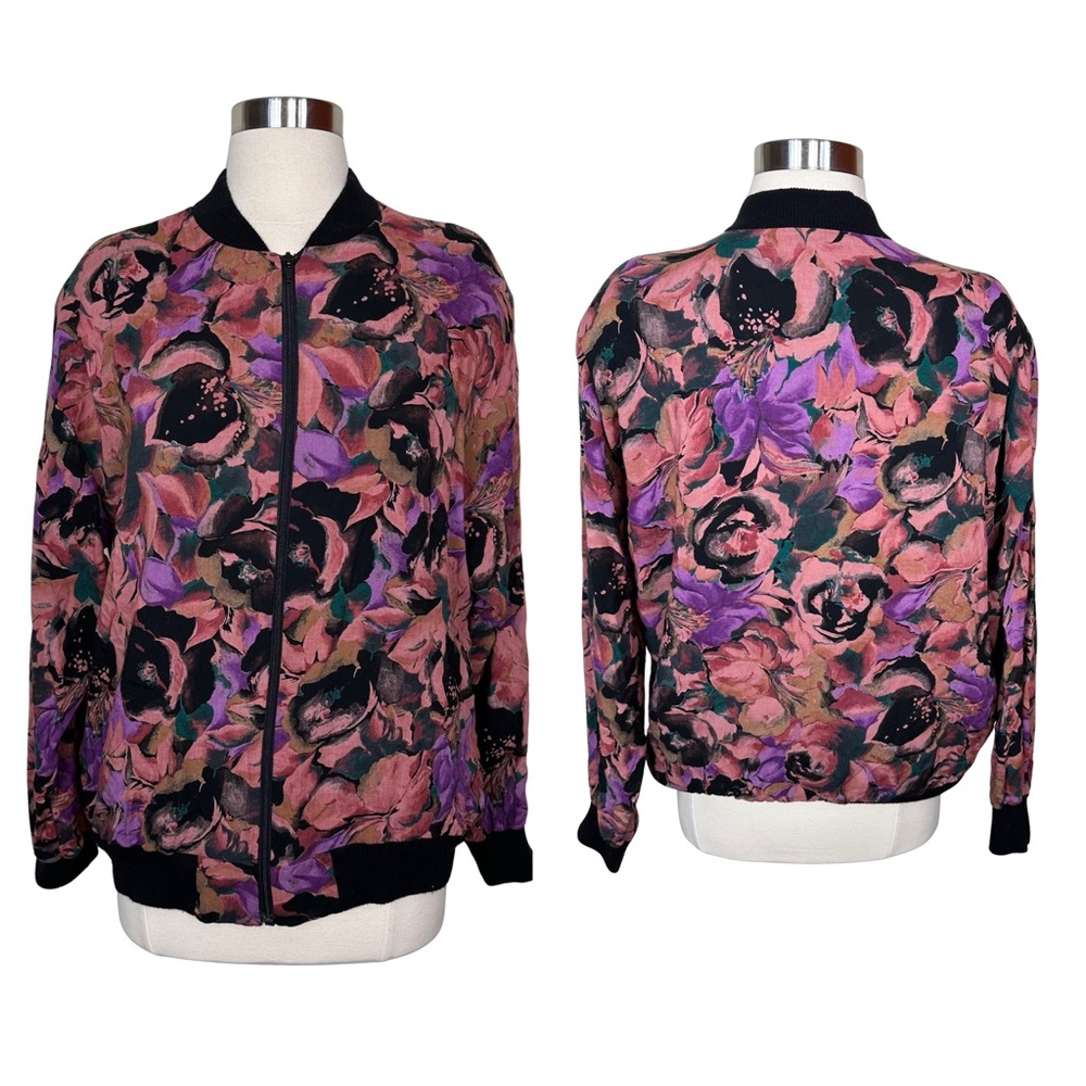 Vintage Jeri Marque 80s Bold Floral Print Padded Shoulder Full Zip Bomber Jacket